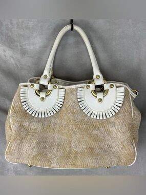 Luana Woven Handbag White Leather Trim Gold Hardware Satchel Shoulder Bag 14.5